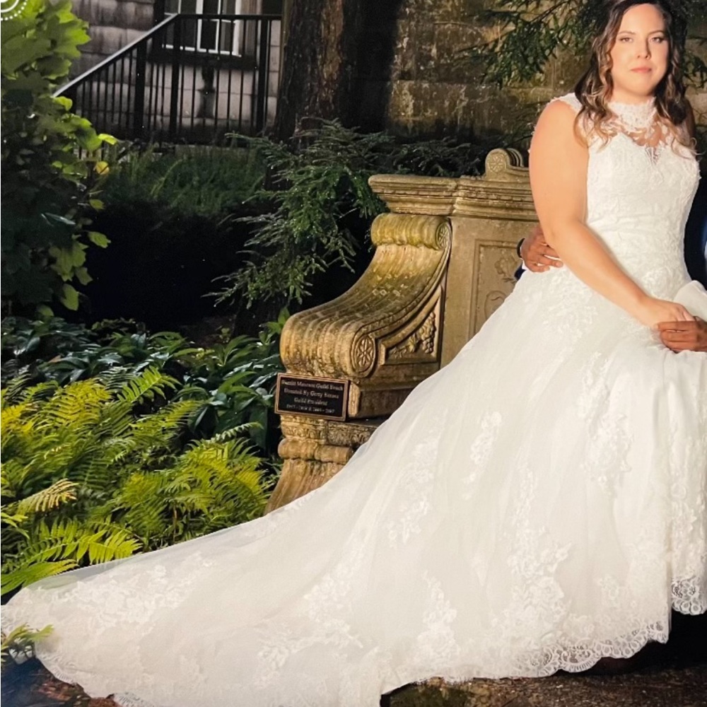Designer gown & veil. Only worn 1. Pro. Cleaned. Size 18, beautiful dress. Lace